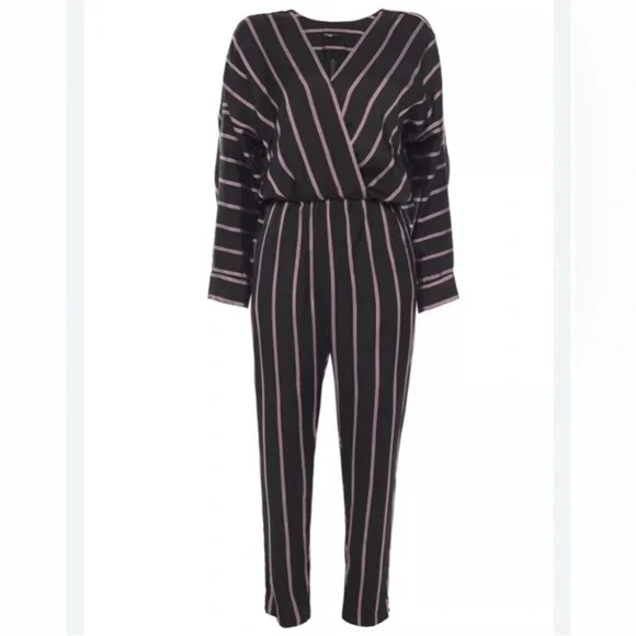 Maje Striped Black Red Pandomi V-Neck Wrap Woven Jumpsuit Surplice Pocket Medium - Picture 3 of 9